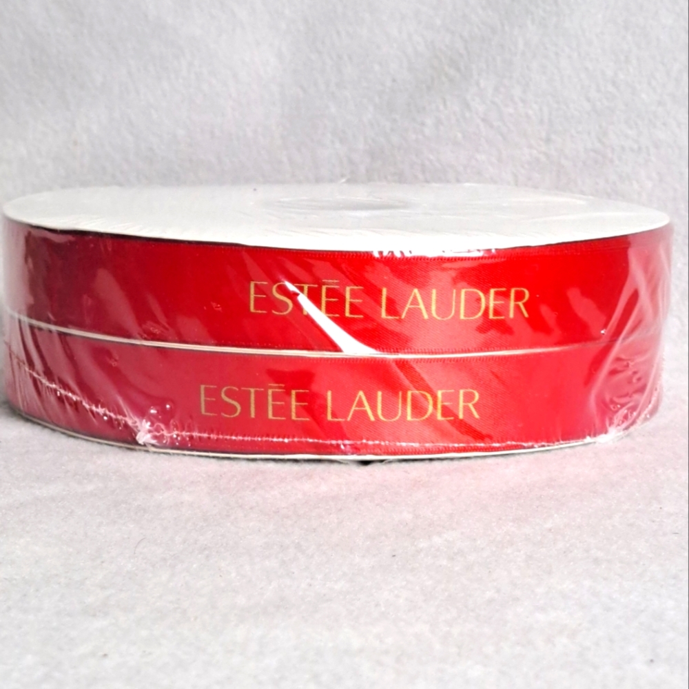 Estee Lauder Red Satin Gold Lettering Ribbon 2 Rolls Xmas 7/8"x100Yd NEW